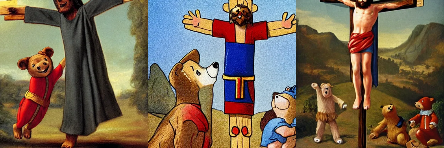 Prompt: Jesus Christ being crucified by paddington the bear
