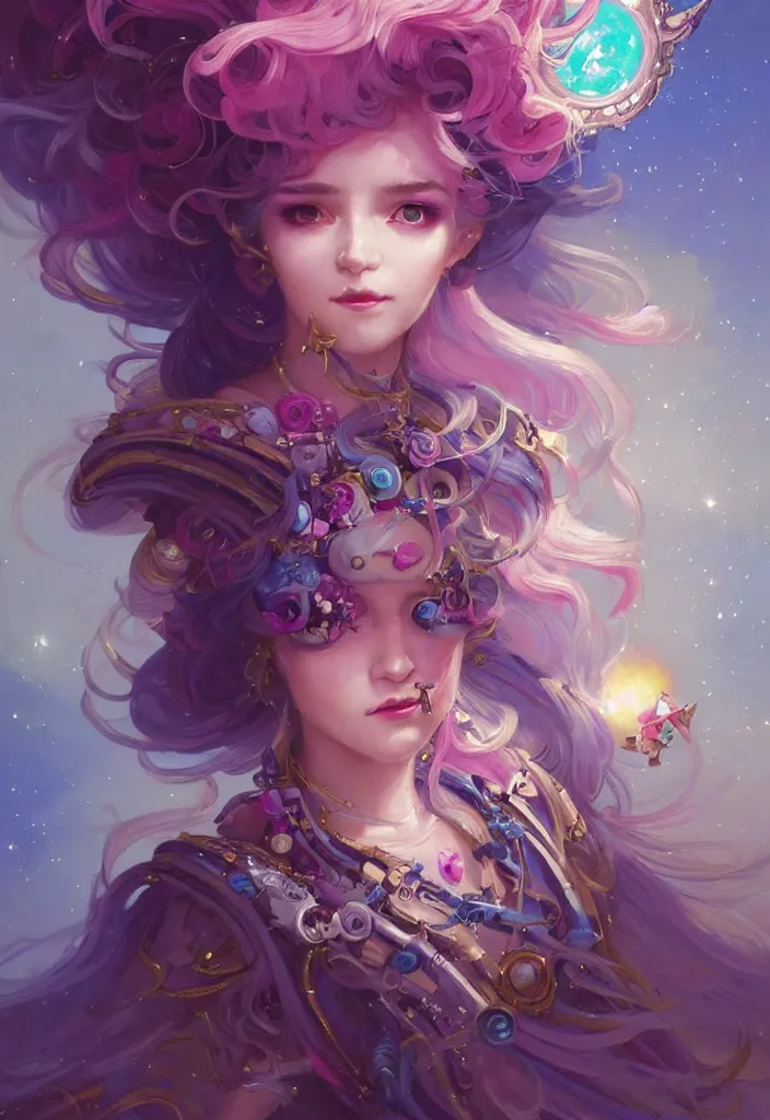 Image similar to close up picture of an maximalist dress magical girl, neat hair with bangs, smug face, extremely beautiful and aesthetic and detailed cute face and eyes, wipe out evils with cute astronaut familiar sprites, aming the magical beams to the camera, chiaroscuro, intricate, masterpiece, epic fantasy illustrations by peter mohrbacher and anato finnstark and jeremy lipking