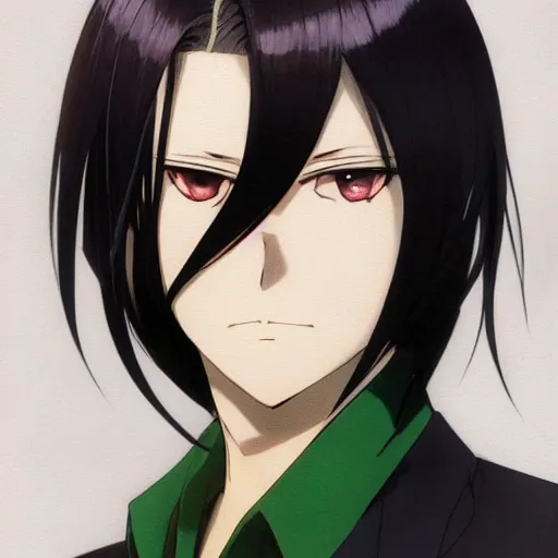 Image similar to full body portrait character concept art, anime key visual of decadent green long straight hair young anime male in black suit, green long straight hair and brown eyes, finely detailed perfect face studio lighting delicate features directed gaze, gapmoe kuudere grimdark, trending on pixiv fanbox, painted by greg rutkowski makoto shinkai takashi takeuchi studio ghibli