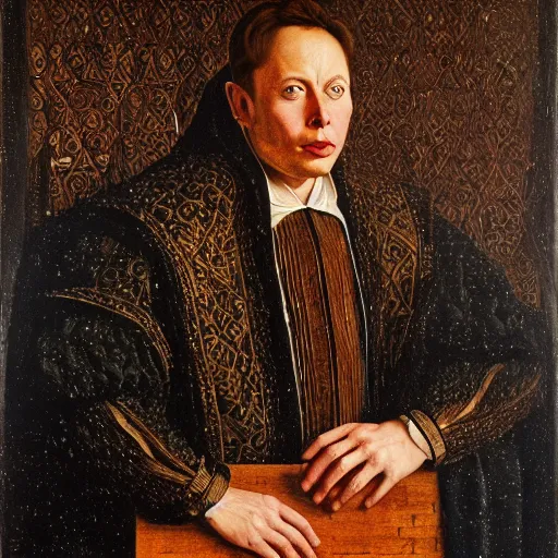 Image similar to portrait of elon musk, oil painting by jan van eyck, northern renaissance art, oil on canvas, wet - on - wet technique, realistic, expressive emotions, intricate textures, illusionistic detail