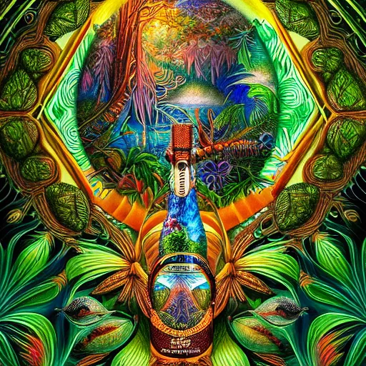 Prompt: visionary art, rainforest trapped within a bottle, with great birds, rich geometry, precise and incredibly highly detailed intricate 8 k wallpaper, john stephens, lisa frank, intricate stunning award winning masterpiece trending on artstation