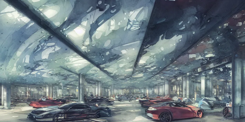 Image similar to a beautiful insanely intricate watercolor illustration of modern parking station, reflexions, colorfull, by william turner art, by greg rutkowski, by james jean, by rossdraws, by frank franzzeta, by sakimichan, by edmund dulac, trending on artstation, insanely detailed, masterpiece,