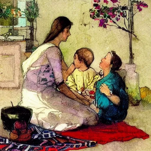 Image similar to this mixed mediart is beautiful because of its harmony of colors and its simple but powerful composition. the artist has created a scene of peaceful domesticity, with a mother and child in the center, surrounded by a few simple objects. the colors are muted and calming, and the overall effect is one of serenity and calm. by howard pyle ecstatic