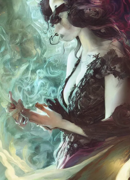 Image similar to book frontcover, side portrait, dark witch with black hood and evil eyes, realism, soft, smooth, luminescent, art nouveau tarot, backlit glow, colorful swirly ripples, gaudy colors, aesthetic octane render, unreal engine, 8 k, by artgerm, greg rutkowski, alphonse mucha