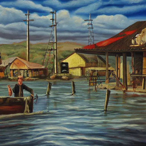 Image similar to a small town for the last remaining humans on the planet oil painting