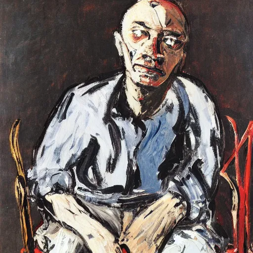 Image similar to painting of a man sitting on a chair and staring at you, by georg baselitz