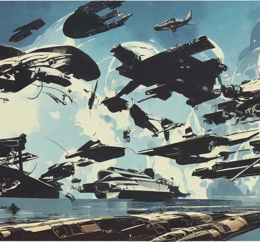 Prompt: syd mead illustration of spacial combat, sci - fi, vintage, high detail, technical, submarine