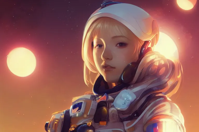 Image similar to blonde anime girl in the spacesuit, volumetric lighting, glowing lights, 4k, octane, digital painting, artstation, concept art, sharp focus, illustration, art by artgerm and greg rutkowski and alphonse mucha