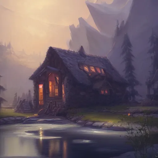 Prompt: a beautiful painting of a building in a serene landscape by tyler edlin, andreas rocha, trending on artstation