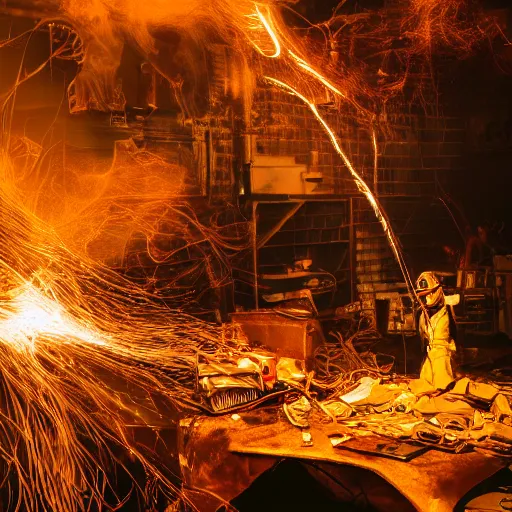 Prompt: oversized mokey wrench, tangles of metallic cables, dark messy smoke - filled cluttered workshop, dark, dramatic lighting, orange tint, sparks, plasma charges, cinematic, highly detailed, sci - fi, futuristic, movie still