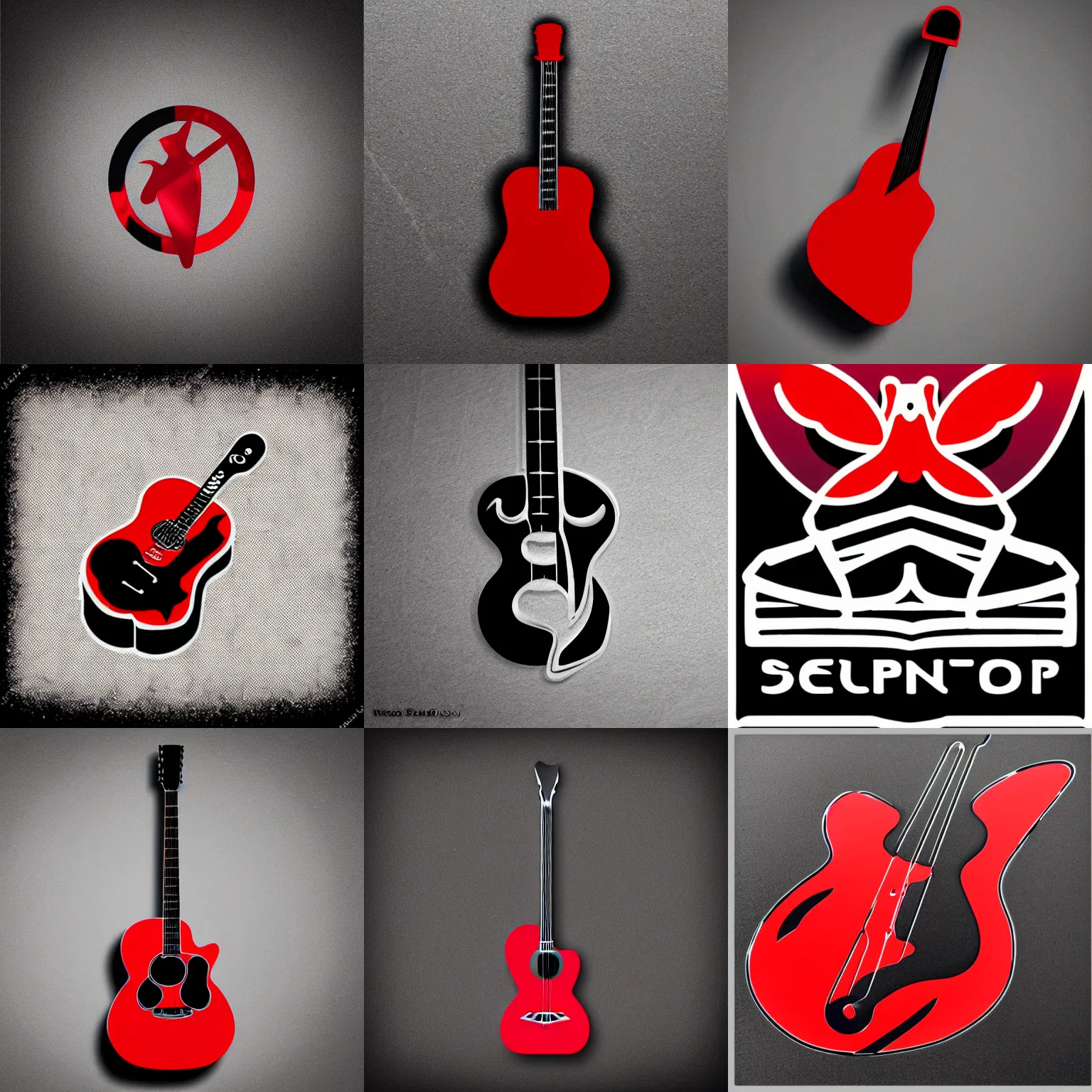 Prompt: logo for guitar shop, red hummingbird, black guitar, silver background, modern logo, sleek, angular, aggressive