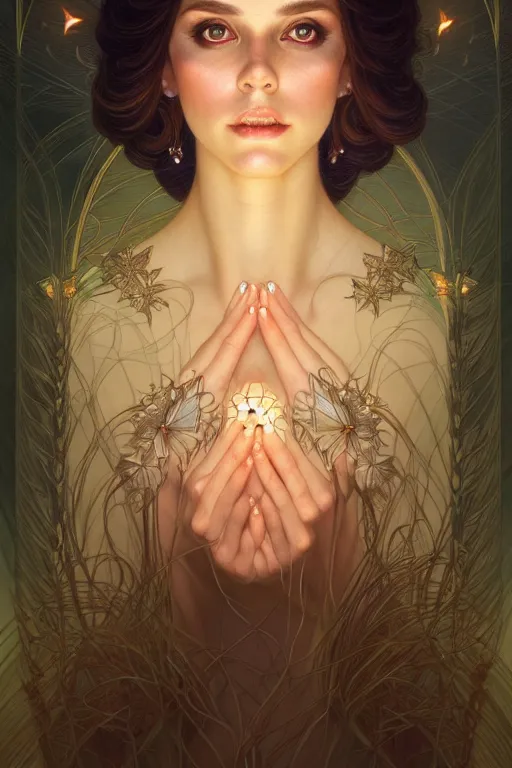 Image similar to symmetry portrait of brunette princess, glam, fae, fireflies, forest background, intricate, elegant, highly detailed, digital painting, artstation, concept art, smooth, sharp focus, illustration, art by artgerm and greg rutkowski and fra angelico and alphons mucha