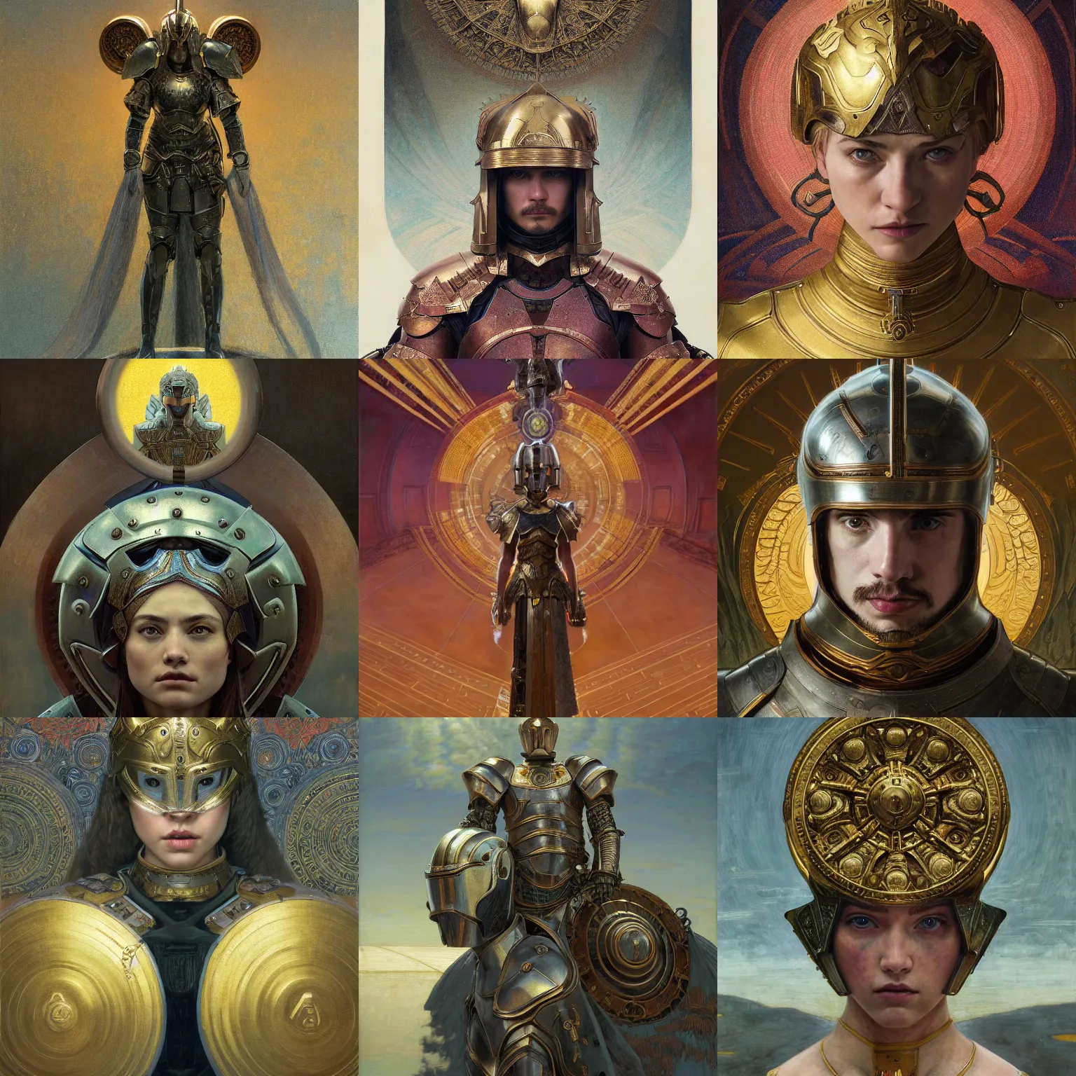Prompt: masterpiece head-on symmetrical centered painted portrait, Imogen Poots as a warrior paladin, golden halo, wearing full metal armour, by Edgar Maxence, by Ross Tran, by Zdzisław Beksiński, by Michael Whelan, by Mucha, 8k, octane render