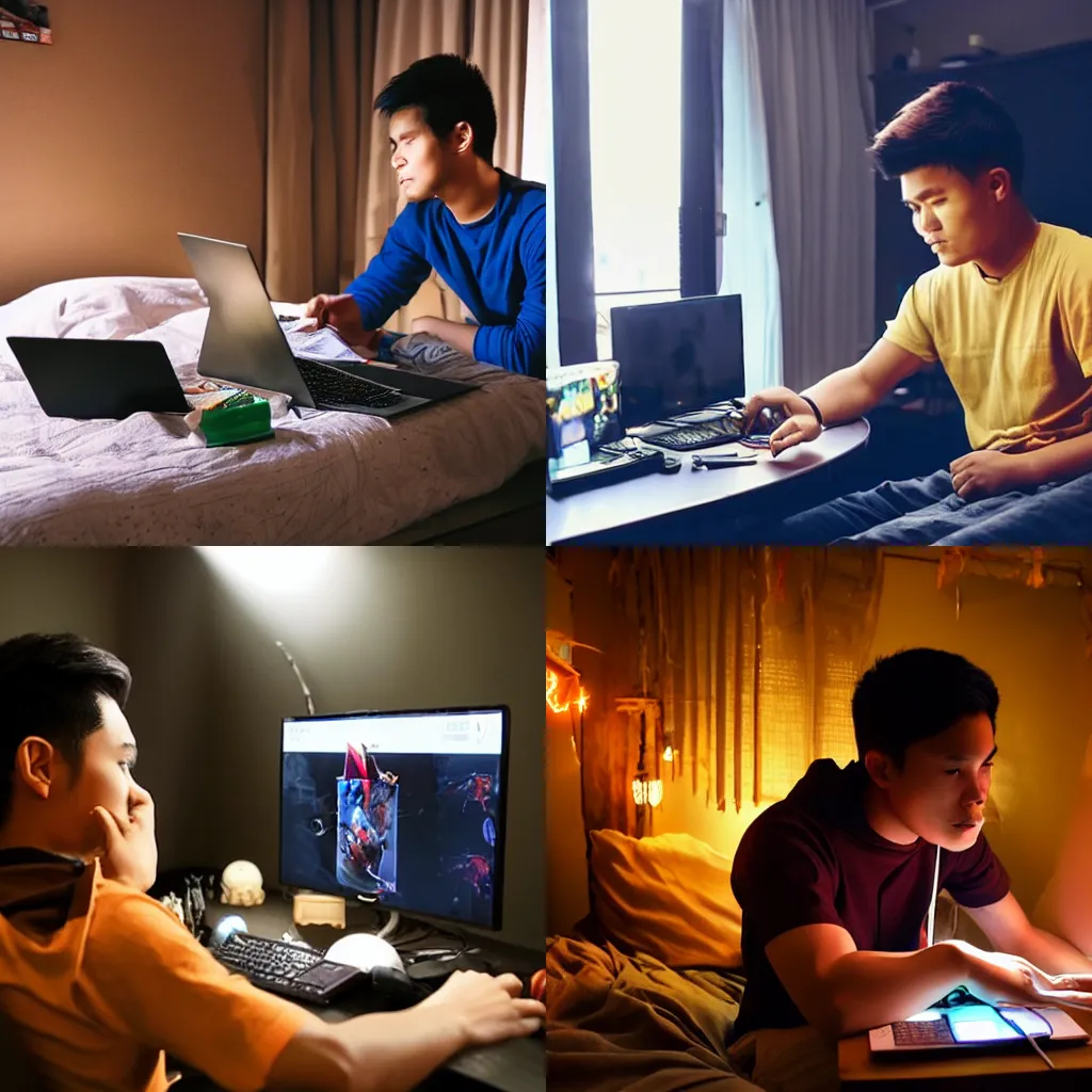 Prompt: a young Phillipine man in his mid-20s playing DOTA 2 in his bedroom, dimly lit, cozy atmosphere