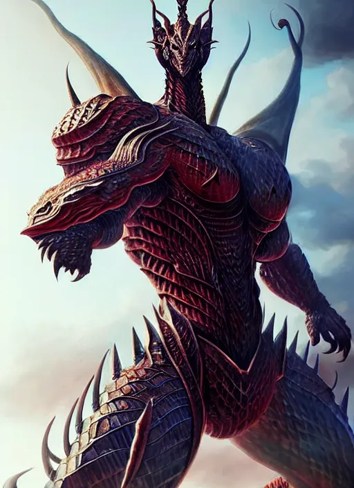 Image similar to muscular and tall humanoid dragon!!!! draconian!! intricate ornate heavy armor!! character concept art, sharp focus, octane render! unreal engine 5! highly rendered!! trending on artstation!! detailed linework!! illustration by artgerm, wlop, and chie yoshii