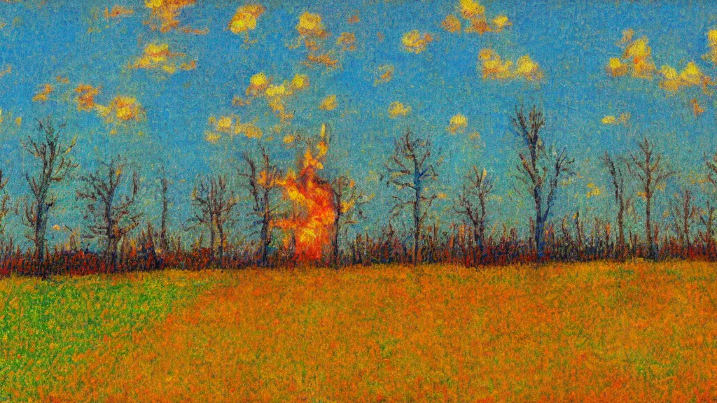 Prompt: fire in a field post - impressionism artwork