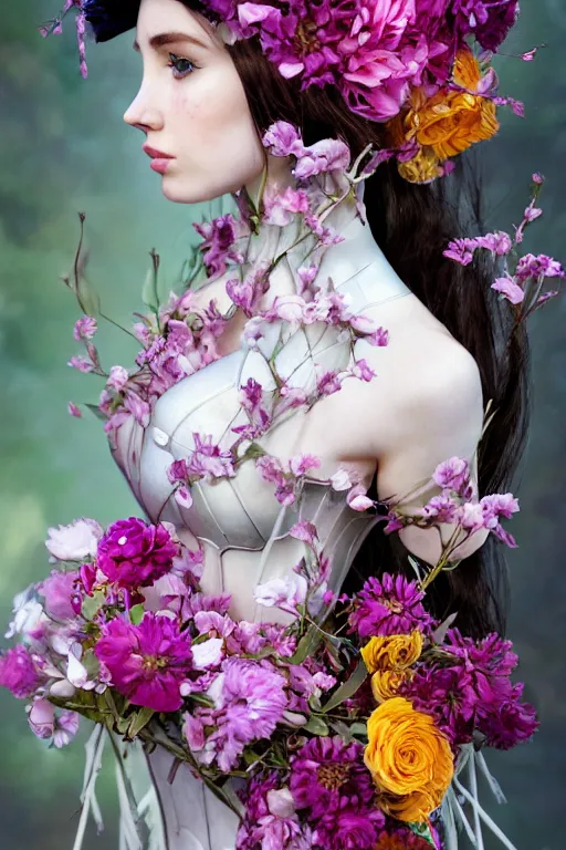 Image similar to closeup portrait of a beautiful mysterious amouranth warrior wearing an armour costume and helmet, holding a bouquet of flowing flowers from below, hands disappeared under the bouquet of flowers, profile view, fantasy, regal, intricate, by ren hang, martine johanna, tran nguyen