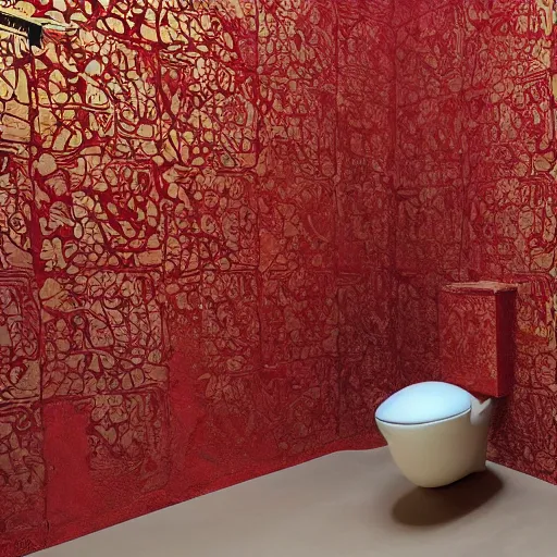 Image similar to a golden toilet with red flowers embossed into the material, the toilet is shiny, junji ito, varying locations, varying angles, color restoration