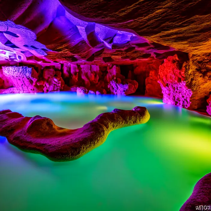 Image similar to photo of a fluorescent cave with a hot spring highly detailed 8 k hdr smooth sharp focus high resolution award - winning photo