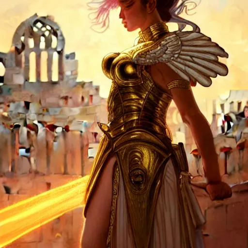 Image similar to An illustrationof a portrait of a young Knights of Zodiac girl, wings, fighting at ancinet Agora of Athens, ruins, cyberpunk cathedral, Golden Light, 8K, illustration, art by artgerm and greg rutkowski and alphonse mucha, volumetric light, lightrays, smoke, cinematic, atmospheric, insanely detailed and intricate, hypermaximalist, elegant, super detailed