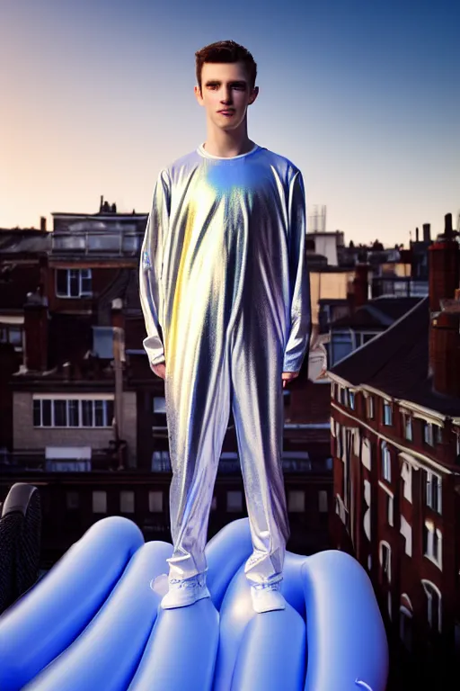 Image similar to un ultra high definition studio quality photographic art portrait of a young man standing on the rooftop of a british apartment building wearing soft baggy inflatable padded silver iridescent pearlescent clothing. three point light. extremely detailed. golden ratio, ray tracing, volumetric light, shallow depth of field. set dressed.