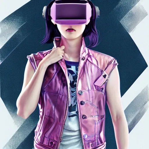 Image similar to full body of Korean female wearing VR goggles and futuristic short violet leather jacket, torn 1980s tank top underneath jacket, intricate, elegant, highly detailed, digital painting, artstation, concept art, smooth, sharp focus, illustration, art by artgerm and greg rutkowski and alphonse mucha