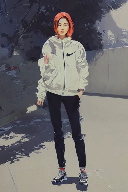 Prompt: A ultradetailed beautiful panting of a stylish girl with her hands in her pockets, she is wearing an oversized Nike jacket, Oil painting, by Ilya Kuvshinov, Greg Rutkowski and Makoto Shinkai