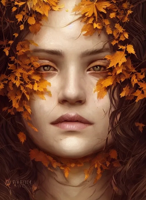 Image similar to golden leaves at frame border, creative!!! composition for a book cover!!!, absurdly beautiful, ultrafine hyperrealistic detailed old witch face by wlop and artgerm and greg rutkowski, intricate linework, sharp focus, smooth, octopath traveler, final fantasy, unreal engine, dramatic lighting, ethereal, 8 k