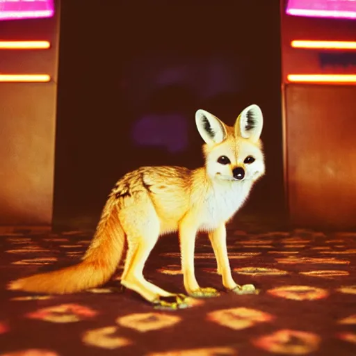 Prompt: kodak ultramax 4 0 0 photograph of a fennec fox in disco club, grain, faded effect, vintage aesthetic, vaporwave colors, disney, cute, furry