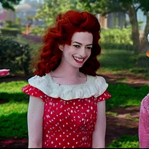 Image similar to Still of a movie adaptation of Strawberry Shortcake with Anne Hathaway, cinematic , technicolor