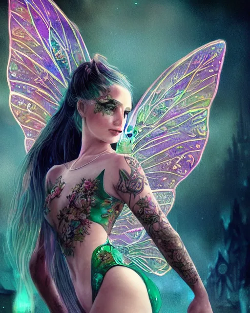 Prompt: a close - up of beautiful tattooed fairy wearing a magical emerald leotard with the disney castle in the background, hyper realistic face, green eyes, fantasy art, in the style of greg rutkowski, illustration, epic, fantasy, intricate, hyper detailed, artstation, concept art, smooth, sharp focus, vibrant