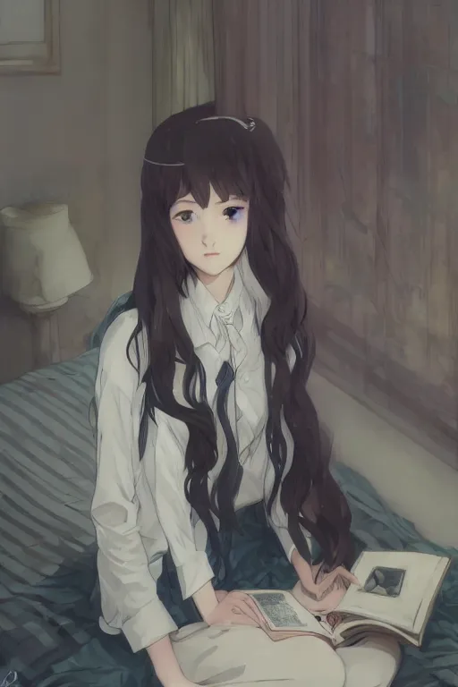 Image similar to a girl in a jk uniform outfit in the bedroom reading a book in a night, raining outside the window, dark and grey theme ， wavy white long hair, by krenz cushart and mucha and akihito yoshida and greg rutkowski and makoto shinkai, detailed eyes, 4 k resolution 、 trending on art station