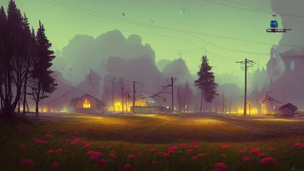 Prompt: gloomy russian village landscape by simon stalenhag, beeple, makoto shinkai, digital painting, fibonacci, trending on artstation, mandelbrot, beautiful, weird, cyberpunk, flowers, robot