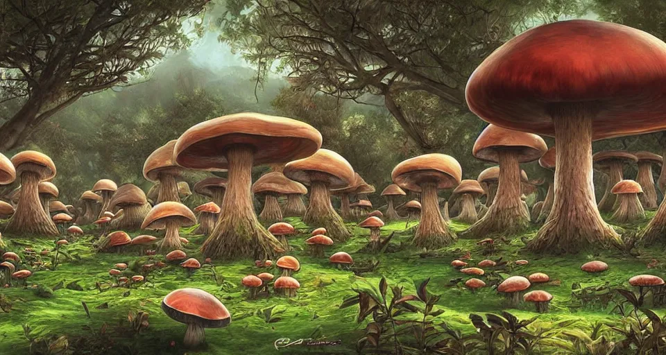 Image similar to A tribal village in a forest of giant mushrooms, by ARTGERM