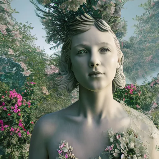 Image similar to an idealistic marble statue with sweeping clothes and with fractal flowery hair in a fractal garden, unreal engine, 8 k render, beautiful, full frame,