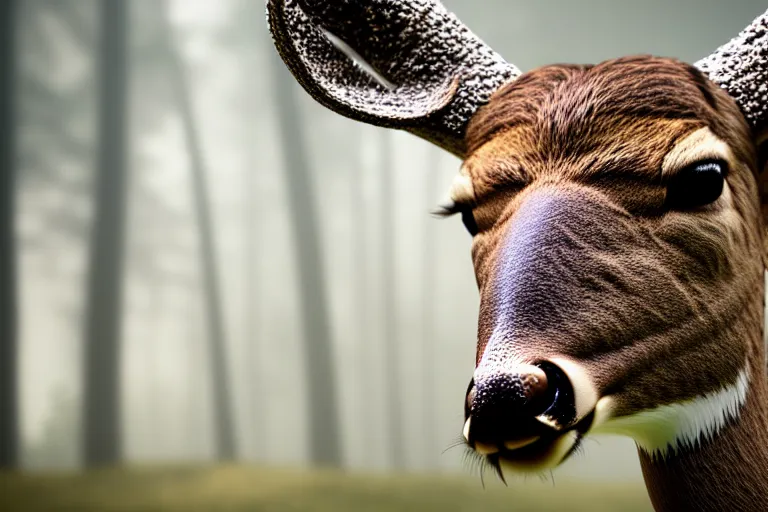 Prompt: a close up of the head of a deer. The deer has bright white eyes. background of a landscape misty forest scene, the sun glistening through the trees, hyper realistic photograph, octane render 8k, trending on artstation, unreal engine