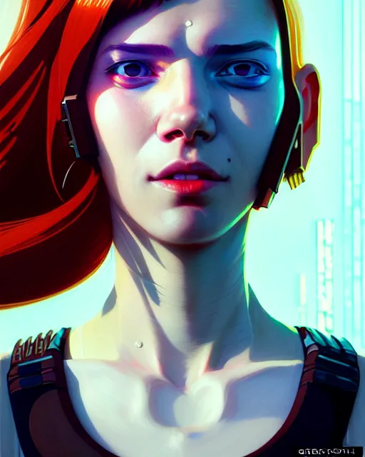 Image similar to cyberpunk synth, hyper - realistic detailed portrait of a smiling girl, red hair, by atey ghailan, by greg rutkowski, by greg tocchini, by james gilleard, by joe fenton, by kaethe butcher, 8 k, very intricate, dynamic lighting, gradient light blue, brown, blonde cream and white color scheme, sharp focus, grunge aesthetic