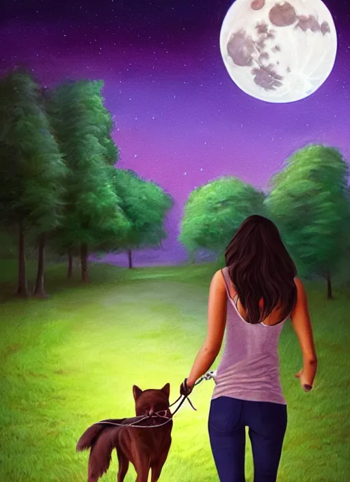 Prompt: young beautiful brown woman walking her dog in a park at night with a full moon, illustration, photoreal, fantasy, trending. masterpiece work of art . oil on canvas. Digitally painted. Realistic. 3D. 8k. UHD.