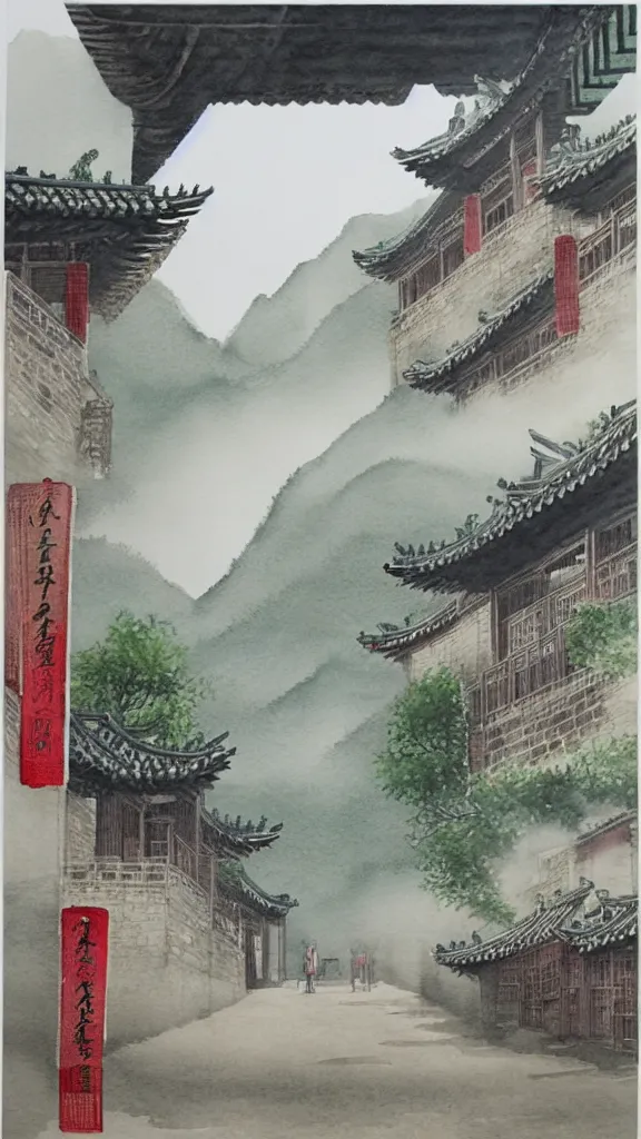 Image similar to Realistic watercolor painting of a ancient Chinese commercial street landscape,entrance of ancient Chinese city wall in the distance,foggy mountains in the background