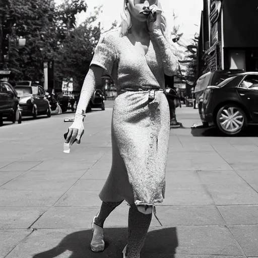 Image similar to a long shot paparazzi photographic of daenerys targaryen walking downtown vancouver, british columbia drinking starbucks, mid day lighting, candid street photography