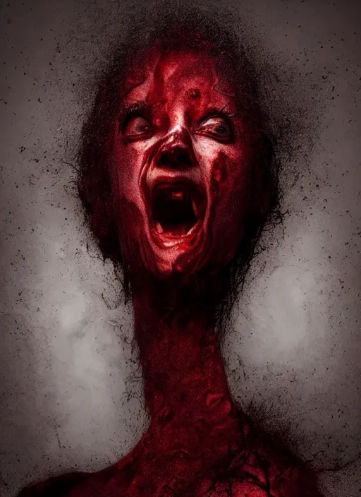 Image similar to dramatic dark red matte portrait painting of screaming insane woman with black mandelbrot fractal instead of face, horror, body horror, dark art, 4 k, detailed, realistic, psychotic, insane, crazy, mental illness, dramatic,