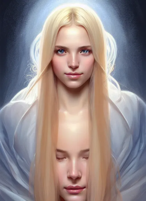 Image similar to beautiful feminine face!! portrait of young wife blessed by god with ever - increasing physical mental perfection, blonde, symmetrical! intricate, sensual features, highly detailed, divine holy perfection!! smile, digital painting, artstation, concept art, smooth, sharp focus, illustration, art by artgerm and greg rutkowski and alphonse mucha