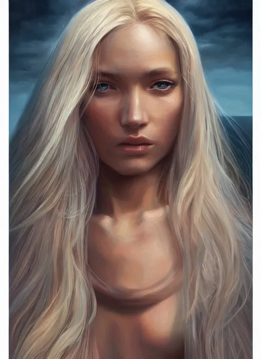 Image similar to a painting of a woman with long blonde hair, a photorealistic painting by magali villeneuve, featured on cgsociety, fantasy art, detailed painting, storybook illustration, photorealistic