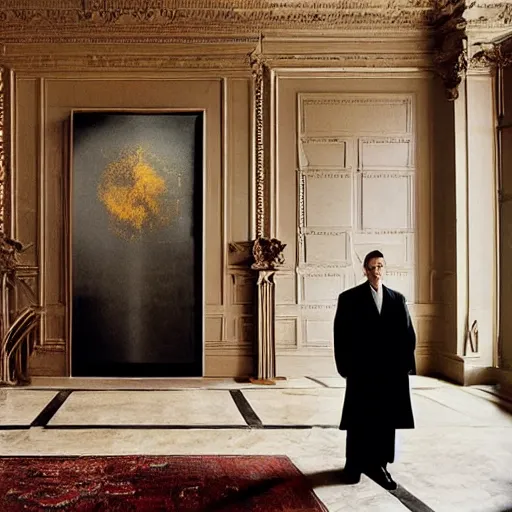 Image similar to Batman standing in giant Italian modern castle living room, clean minimalist design, that is 1300 feet tall, with very tall giant walls filled with modern art paintings, doors that are cosmic portals, photo by Annie Leibovitz