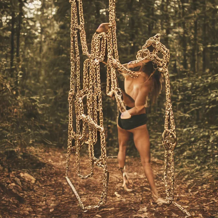 Prompt: a closeup of a woman carrying a pile of chains, in a forest, by Erik Almas, CANON Eos C300, ƒ1.8, 35mm, 8K, medium-format print