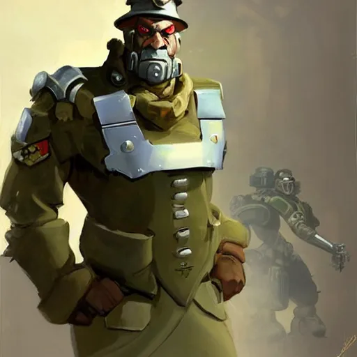 Image similar to greg manchess digital painting of an old dieselpunk orc military officer ( as an overwatch character ) with olive green skin sitting at a desk in his office, organic painting, matte painting, bold shapes, hard edges, street art, trending on artstation, by huang guangjian and gil elvgren and sachin teng