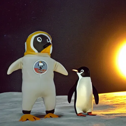 Prompt: a penguin wearing a spacesuit helmet. The penguin astronaut is standing next to the Apollo lunar lander module, on the lunar surface. Dslr footage.