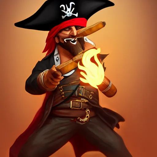 Image similar to pirate lighting his cigar with black dragon, digital art, trending on artstation