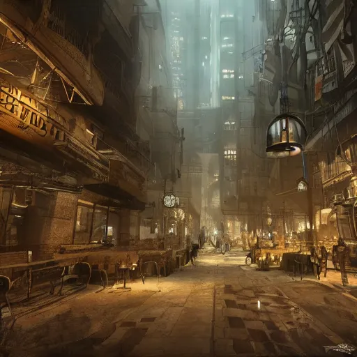 Image similar to inside a dieselpunk city, highly detailed, 4k, HDR, award-winning, artstation, octane render