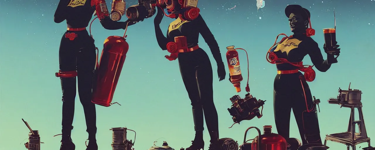 Image similar to duotone noir concept illustration 3 / 4 portrait of vintage female fallout 4 model in retro space suit advertising bottles nuka cola. accidental renaissance. by sachin teng and sergey kolesov and ruan jia and heng z. graffiti art, scifi, fantasy, hyper detailed. octane render. concept art. trending on artstation